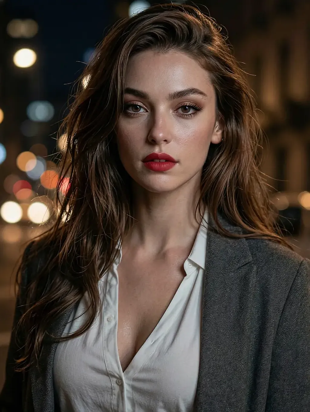 Maeve, a fictional AI character in a white shirt and grey coat, city lights blurred behind her