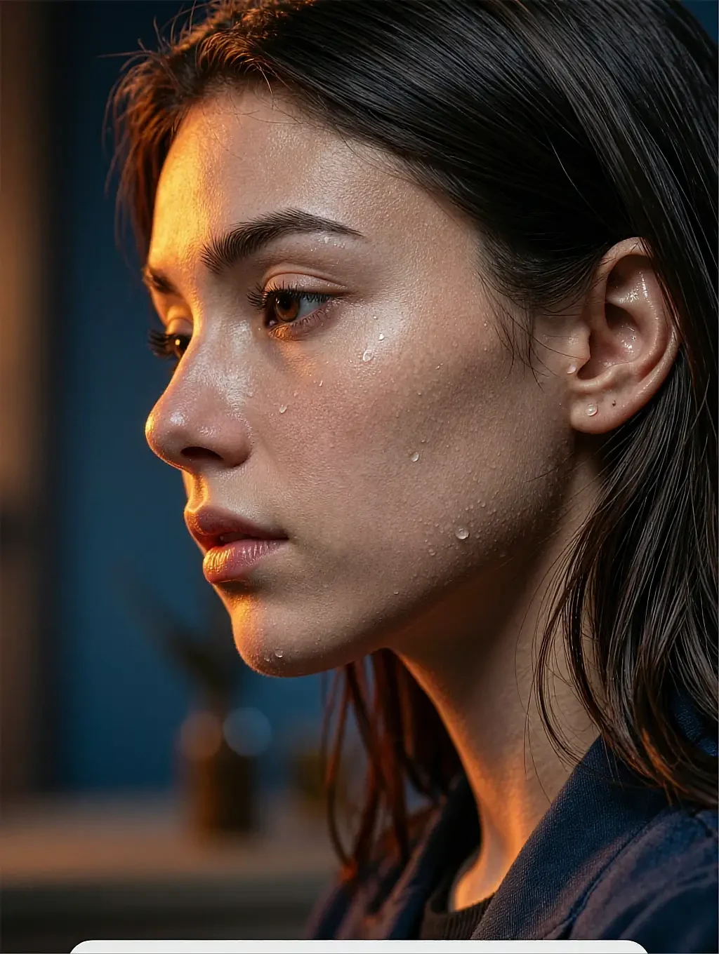 Oona, a fictional AI character photographed in profile under warm rim light in a dim blue room