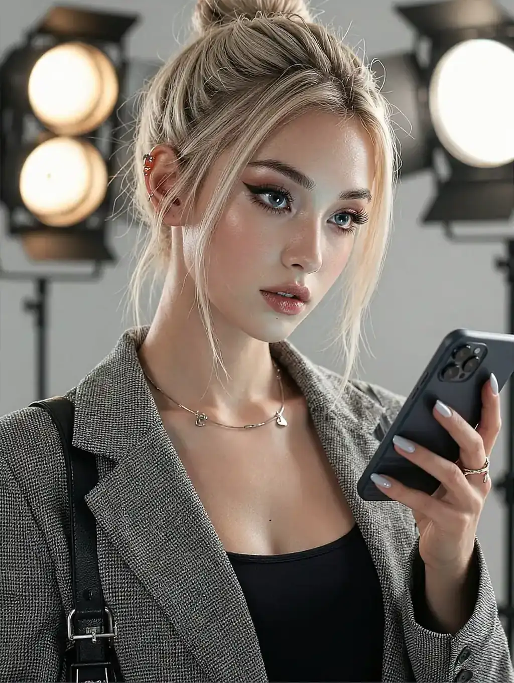 Kaya, a fictional AI character with her hair up in front of two studio lamps, phone in hand