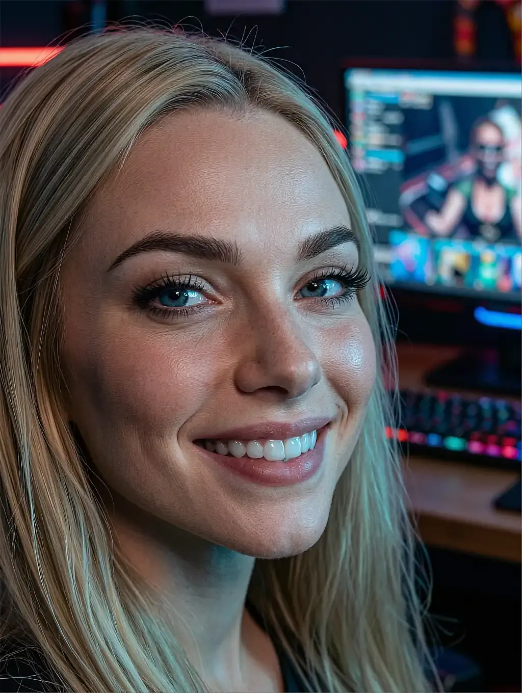Blonde fictional AI character smiling in a neon-lit room, a monitor glowing behind her